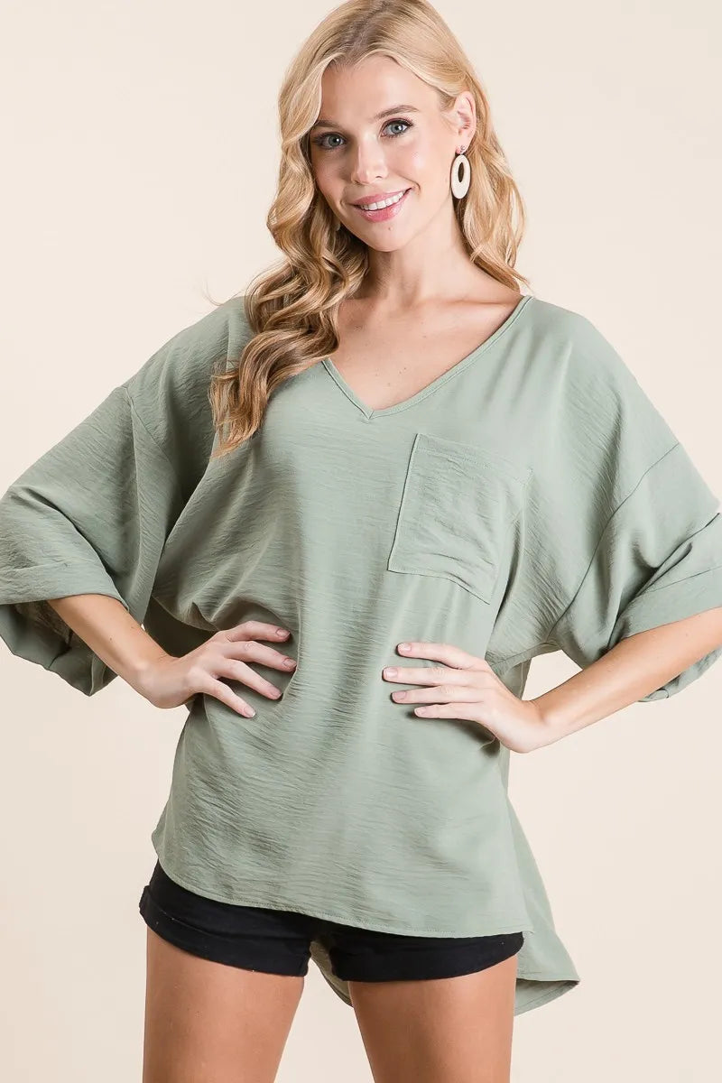 Trendsi BiBi Flowy Woven V-Neck Top with Rolled Up Cuffs