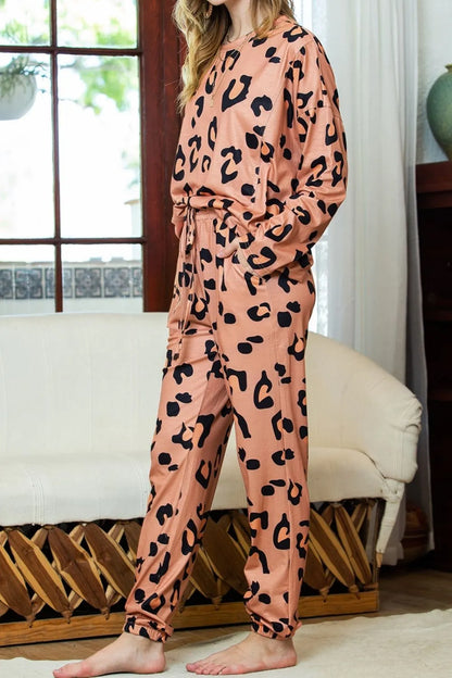 Leopard Round Neck Top and Drawstring Pants Lounge Set Easy Apparels