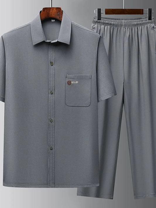 Men's Full Size Button Up Short Sleeve Top and Pants Set Plus Size Dark Gray Easy Apparels