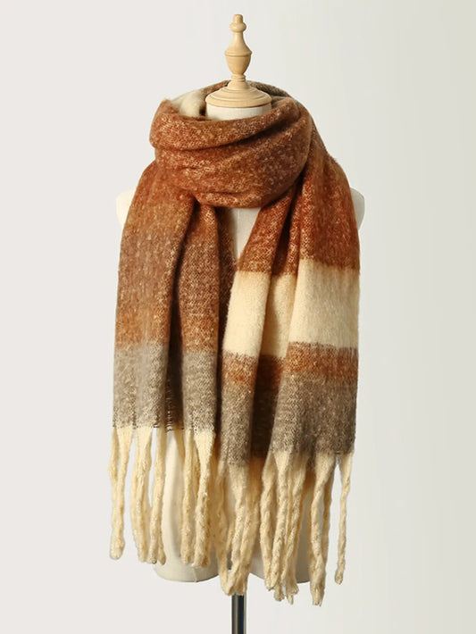 Fringe Color Block Polyester Scarf Caramel One Size Easy Apparels
