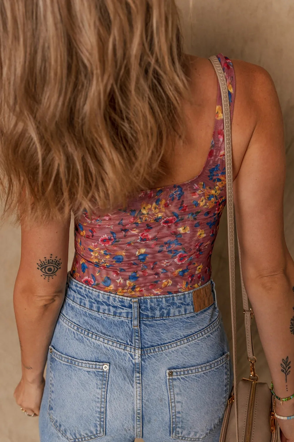 Trendsi Floral Mesh Scoop Neck Wide Strap Bodysuit