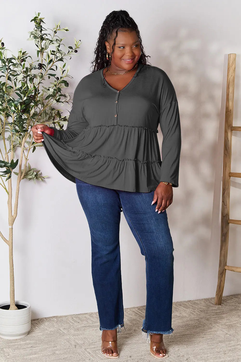Trendsi Double Take Half Button Long Sleeve Ruffle Hem Blouse