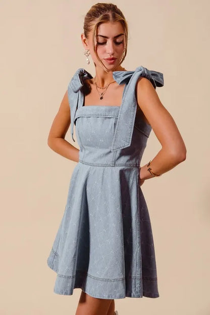 SO ME A Line Fit and Flare Diamond Bow Ribbon Denim Dres Easy Apparels