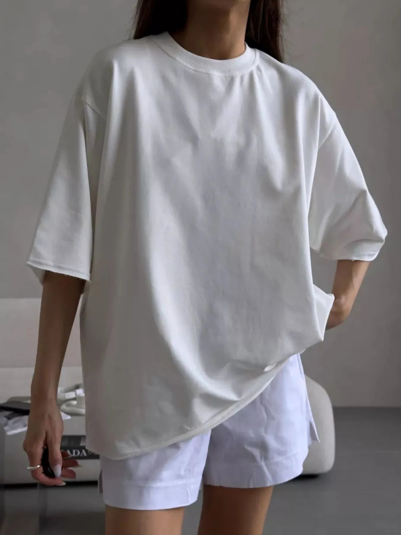 Trendsi Round Neck Half Sleeve Oversized T-Shirt White