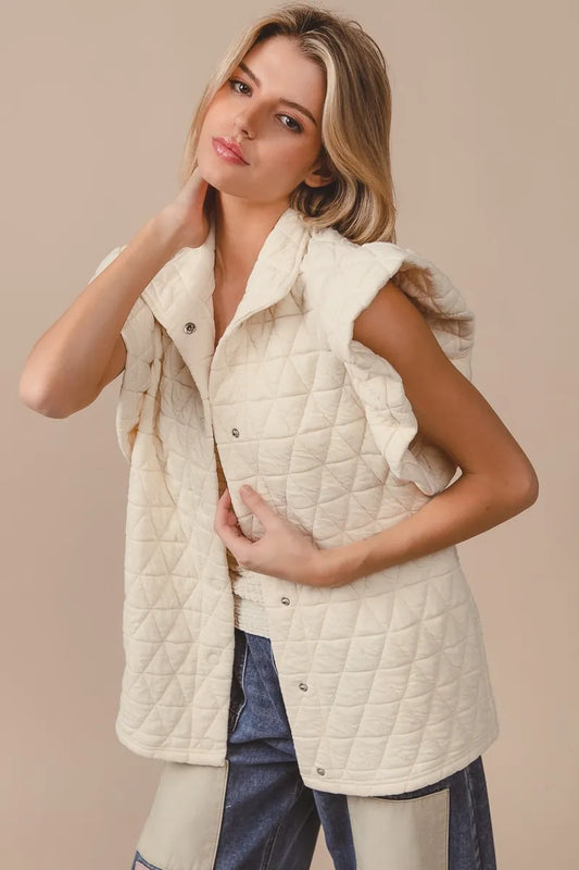 BiBi Quilting Knit Ruffle Sleeve Vest OATMEAL Easy Apparels