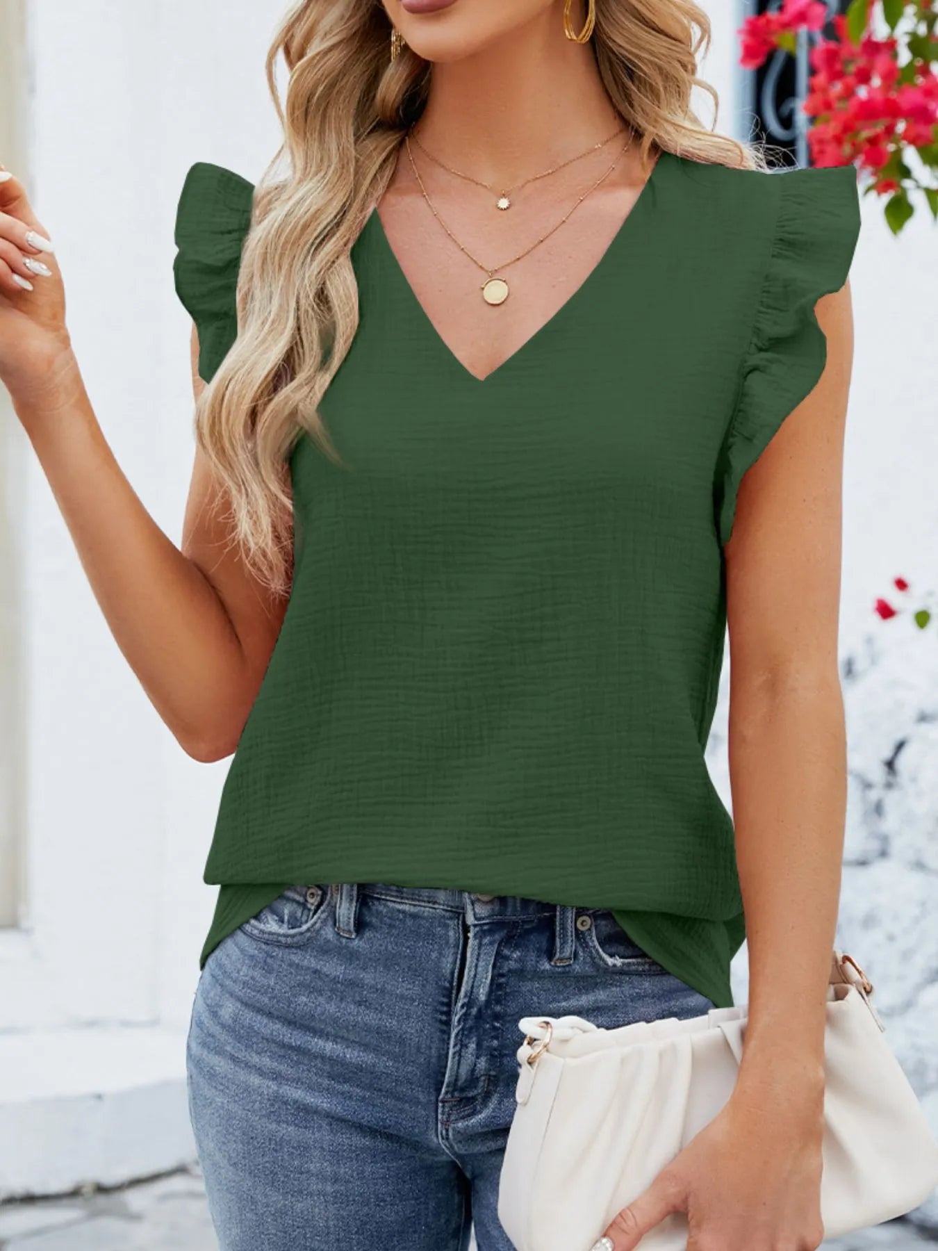 Trendsi V-Neck Ruffled Sleeve Top Green