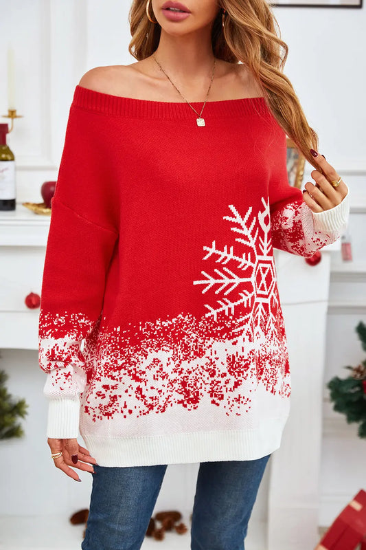 Off-Shoulder Long Sleeve Sweater Red Easy Apparels