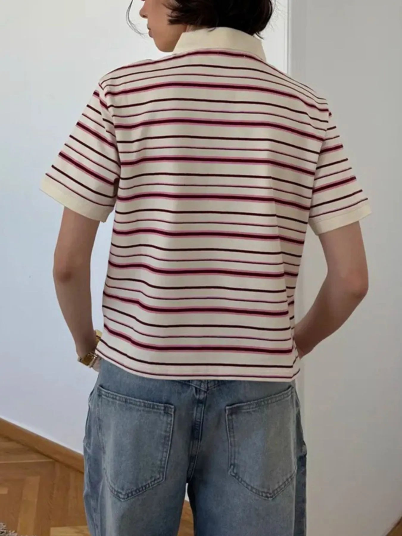 Trendsi Striped Polo T-Shirt with Contrast Collar
