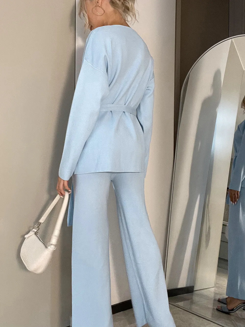 V-Neck Long Sleeve Top and Drawstring Pants Sweater Set Easy Apparels