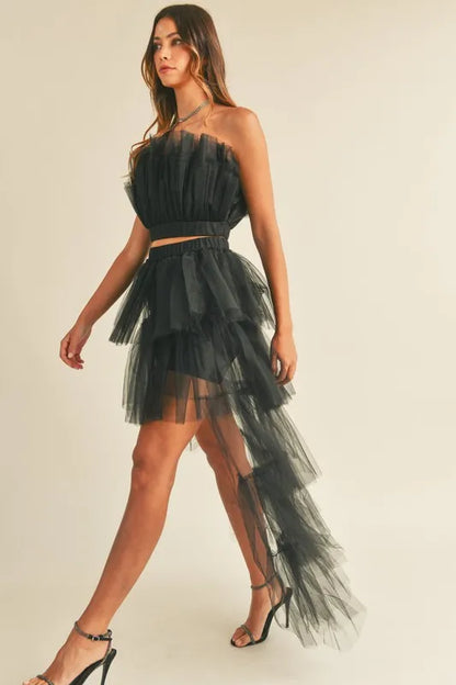 MABLE Tulle Tube Ruffle Crop Top and High Low Maxi Skirt Set Easy Apparels