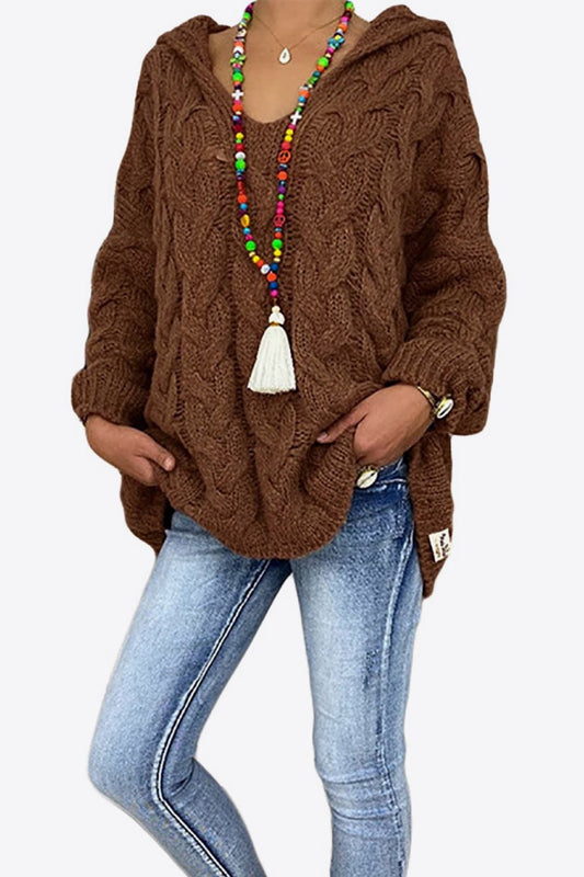 Cable-Knit Hooded Sweater Brown Easy Apparels