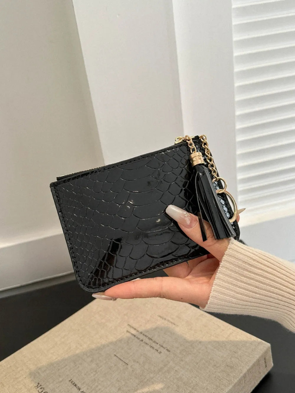 PU Leather Tassel Trim Card Case Black One Size Easy Apparels