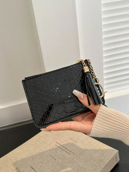 PU Leather Tassel Trim Card Case Black One Size Easy Apparels