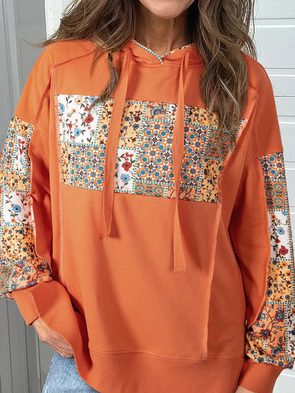 Trendsi Floral Patchwork Hoodie with Drawstring Tangerine