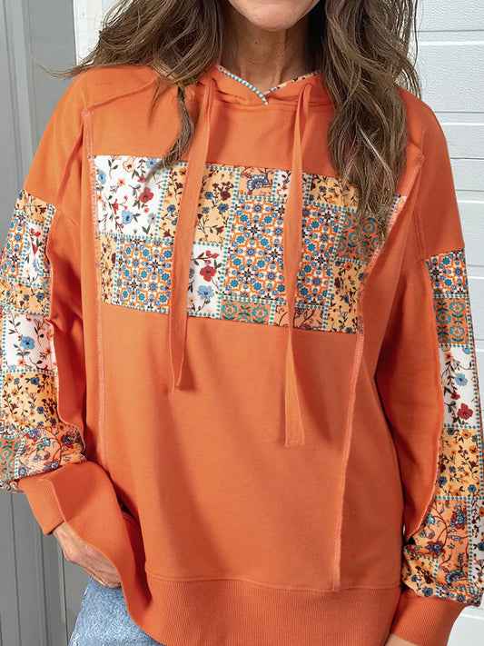 Trendsi Floral Patchwork Hoodie with Drawstring Tangerine