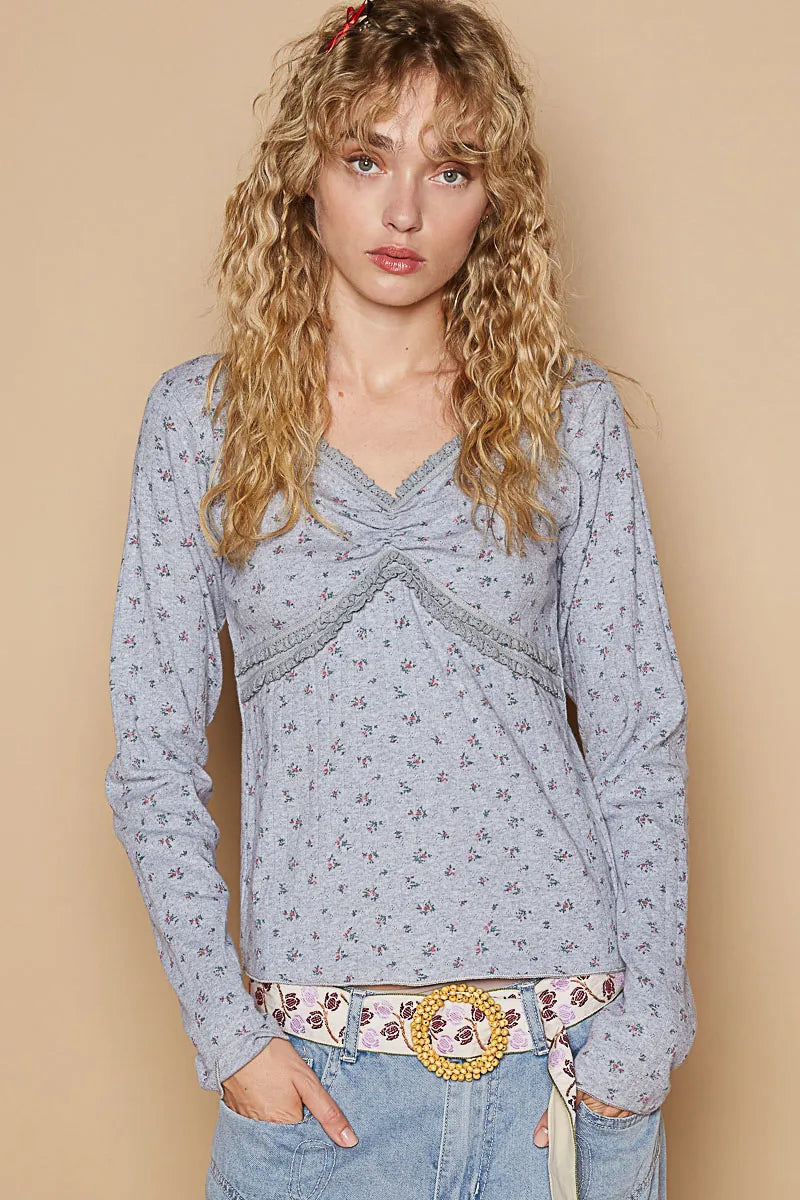 Trendsi POL Floral V-Neck Long Sleeve T-Shirt Gray