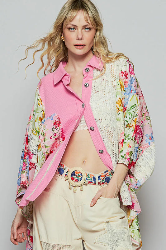 POL Thermal and Crochet Lace Mix Shirt with Floral Pattern CANDY PINK Easy Apparels