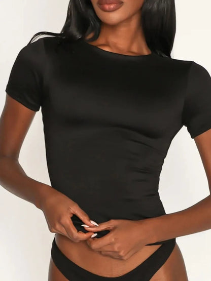 Round Neck Short Sleeve Swim Top Black Easy Apparels