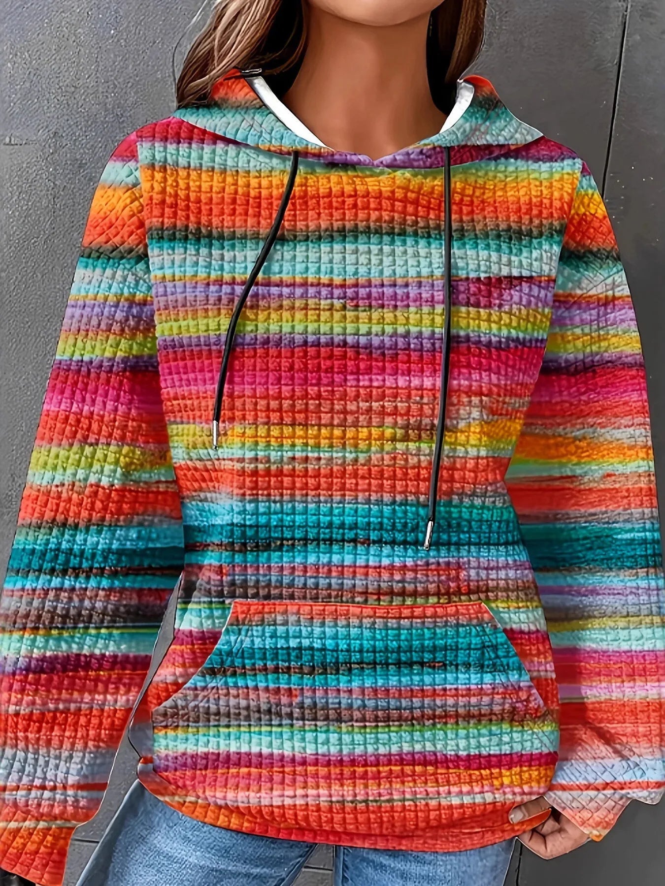 Trendsi Drawstring Striped Kangaroo Pocket Hoodie Orange-red