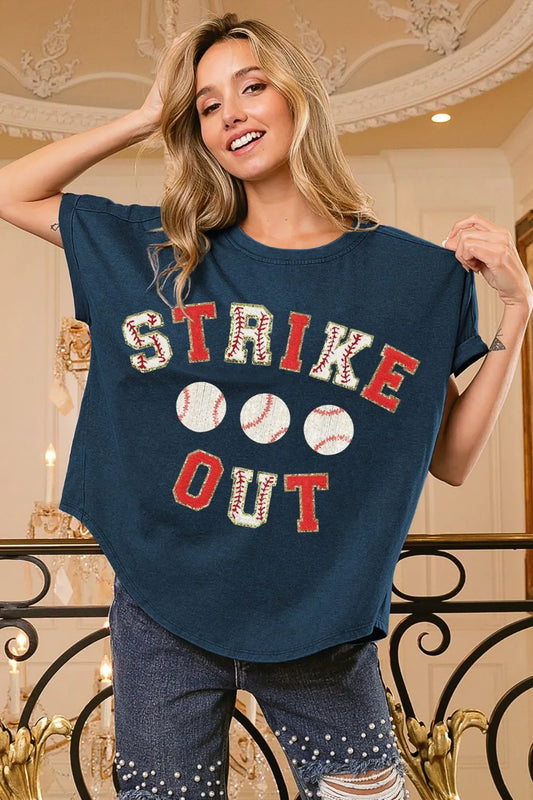 Trendsi BiBi Strikeout Letter Patches Washed Short Sleeve Top DEEP NAVY RED