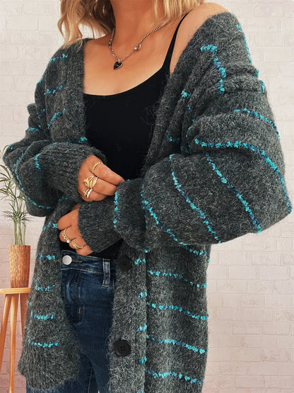 Striped Button-Up Cardigan with V-Neck Design Easy Apparels