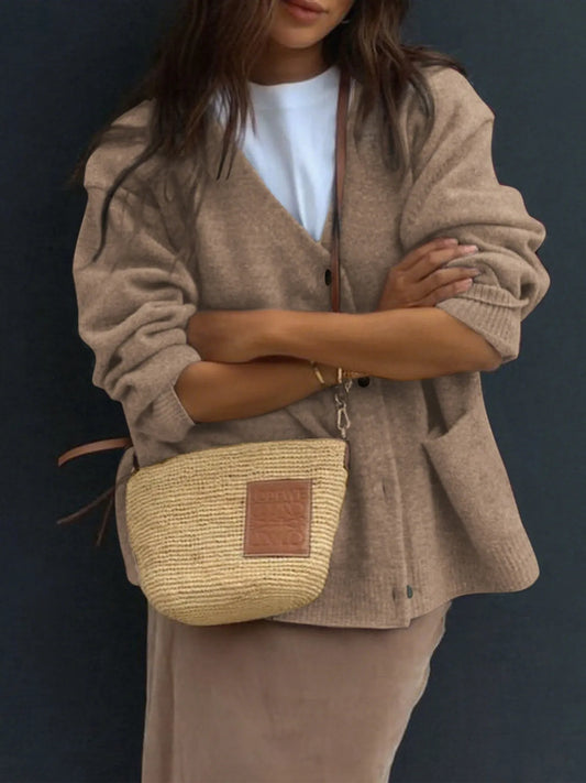 Button-Front Long Sleeve Cardigan Khaki Easy Apparels