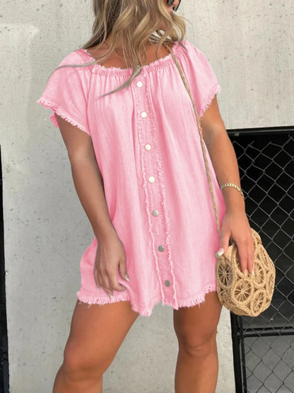 Full Size Raw Hem Mini Denim Dress Plus Size Pink Easy Apparels