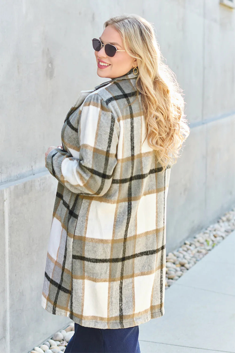 Double Take Full Size Plaid Button Up Lapel Collar Coat Easy Apparels