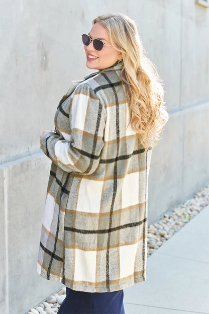 Double Take Full Size Plaid Button Up Lapel Collar Coat Easy Apparels