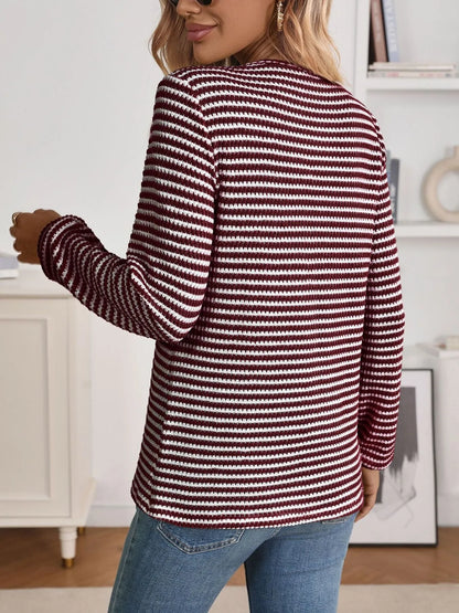 Trendsi Striped Button Detail Long Sleeve Top