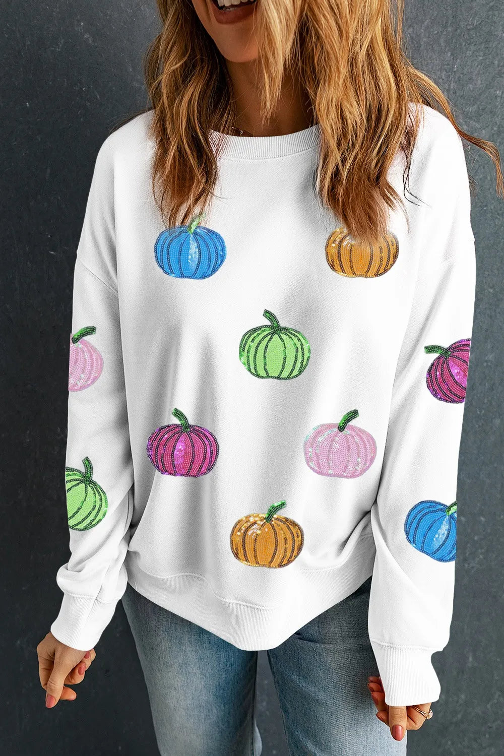 Trendsi Pumpkin Round Neck Long Sleeve Sweatshirt White