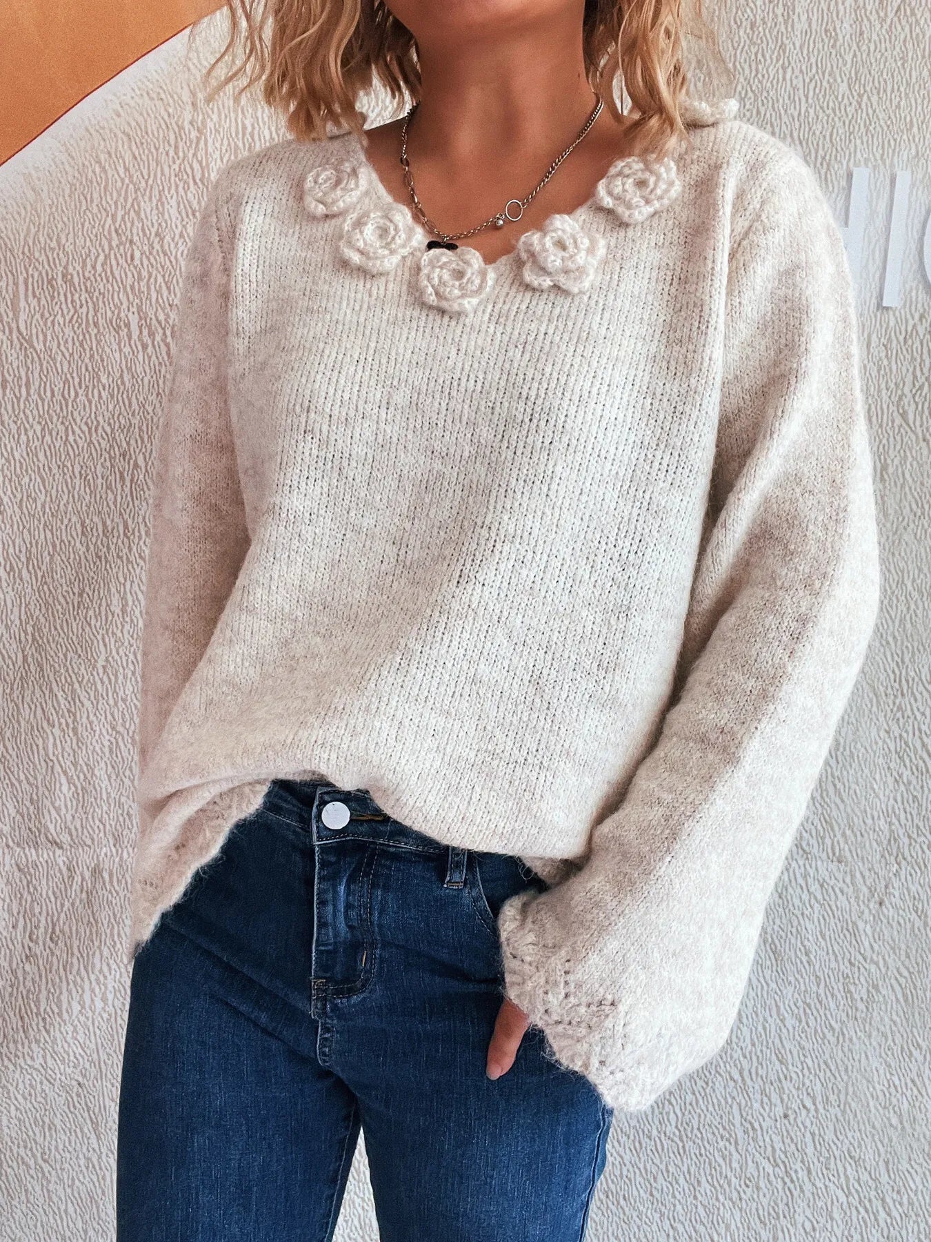 Trendsi Flower V-Neck Long Sleeve Sweater