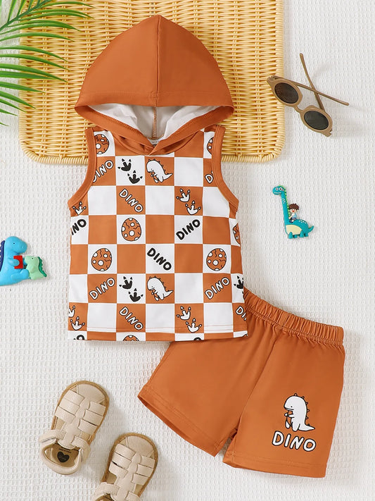 Children's Dinosaur Checkered Sleeveless Hooded Top and Shorts Set Terracotta Easy Apparels