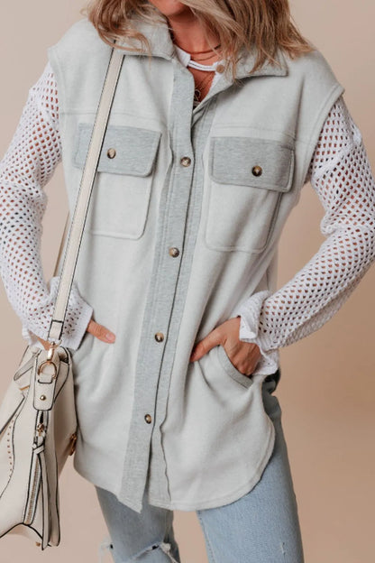 Pocketed Curved Hem Button Up Vest Easy Apparels