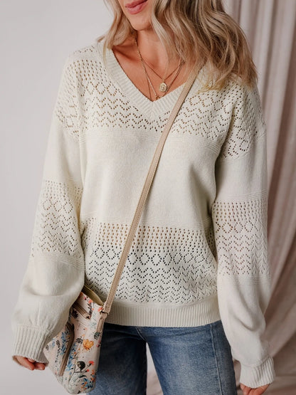 Trendsi Eyelet Deatil V-Neck Long Sleeve Sweater White