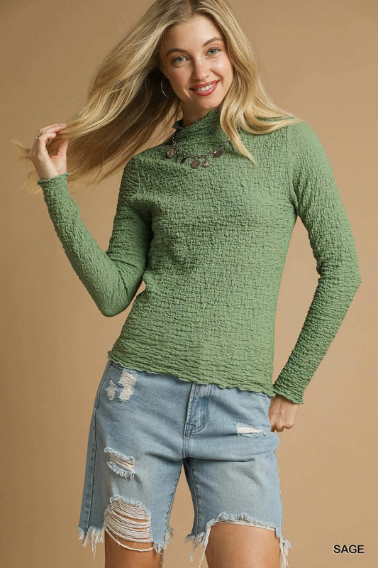 Trendsi Umgee Textured Crinkle Knit Long Sleeve Top Sage