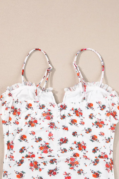 Trendsi Floral Frilled Trim Spaghetti Straps Bodysuit