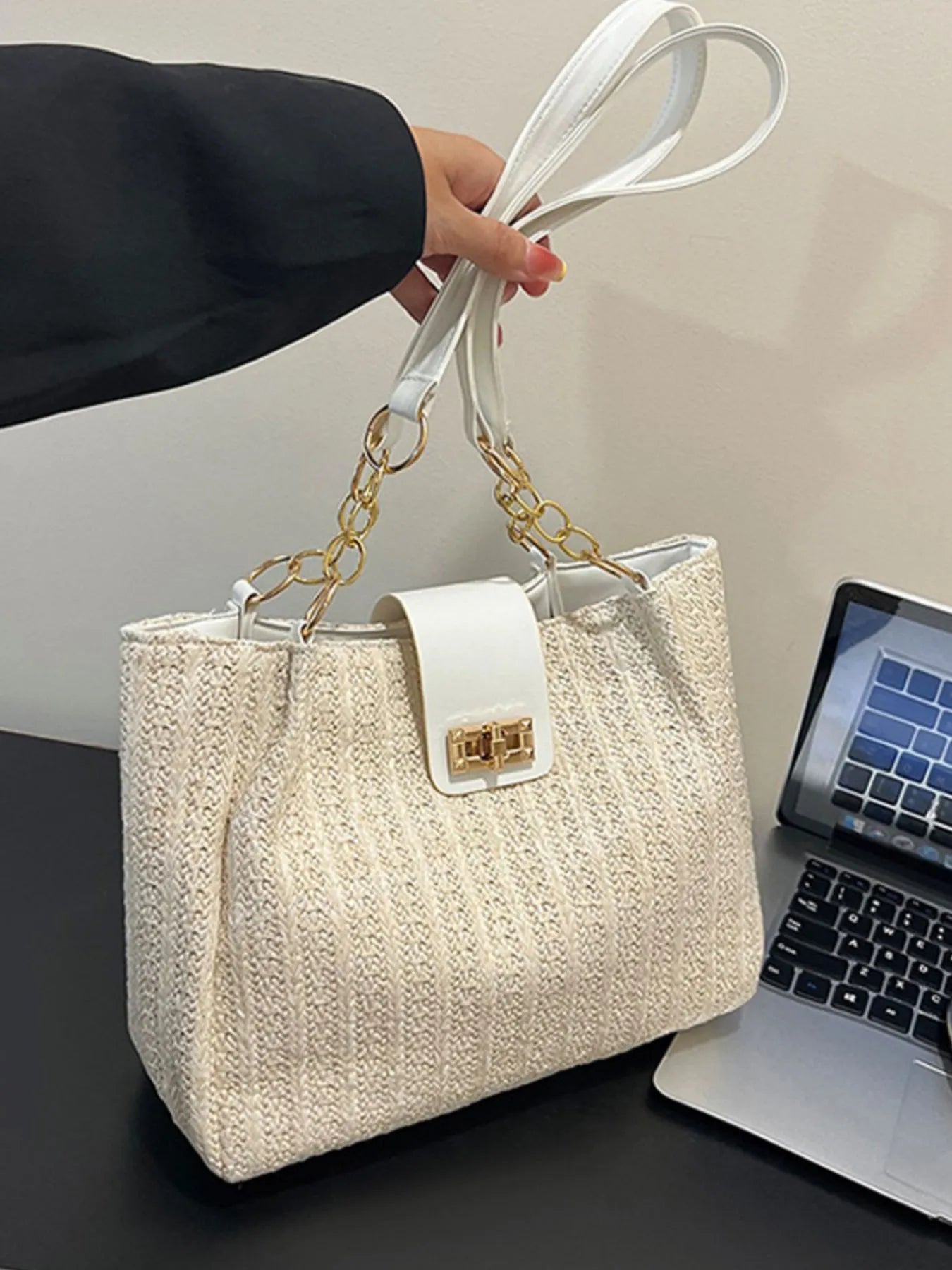 Woven Straw Shoulder Bag Beige One Size Easy Apparels
