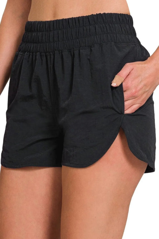 Zenana Windbreaker Smocked Waistband Running Shorts BLACK Easy Apparels