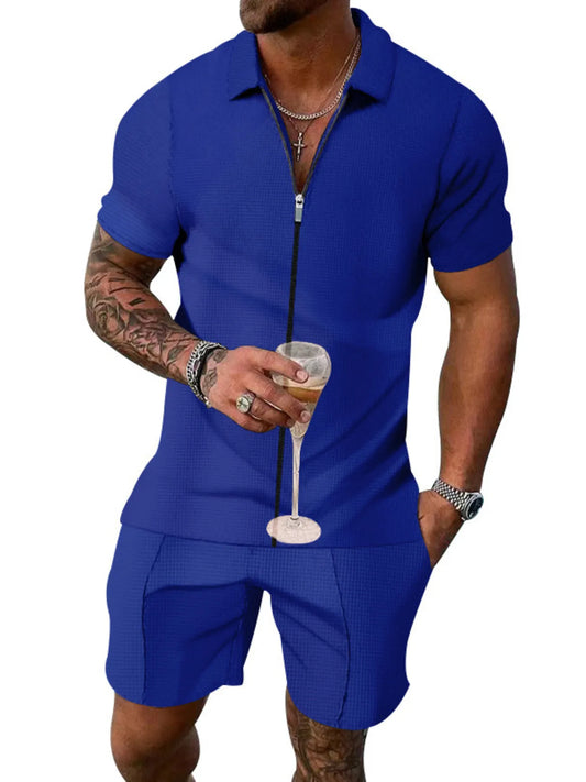 Men's Plus Size Zip Up Short Sleeve Top and Shorts Set Royal Blue Easy Apparels