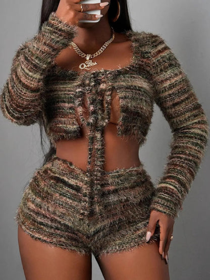 Square Neck Crop Top and Shorts Sweater Set Easy Apparels