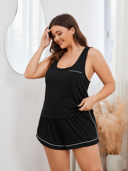 Plus Size Contrast Piping Racerback Tank and Shorts Lounge Set Easy Apparels