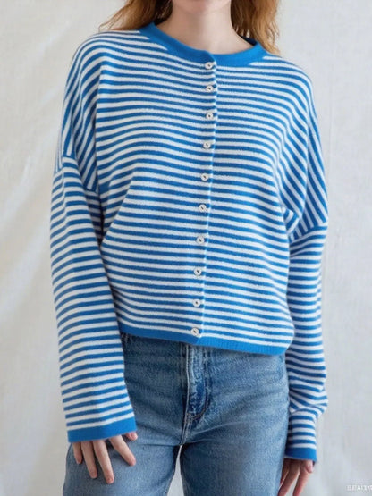 Striped Button Front Long Sleeve Cardigan Easy Apparels