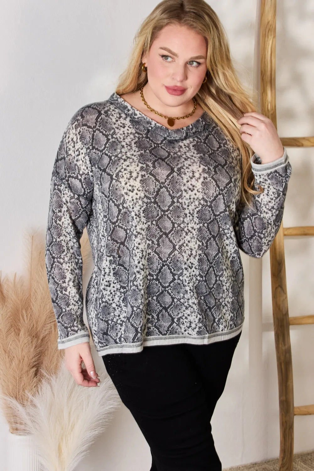 Trendsi Hailey & Co Full Size Snakeskin V-Neck Long Sleeve Top