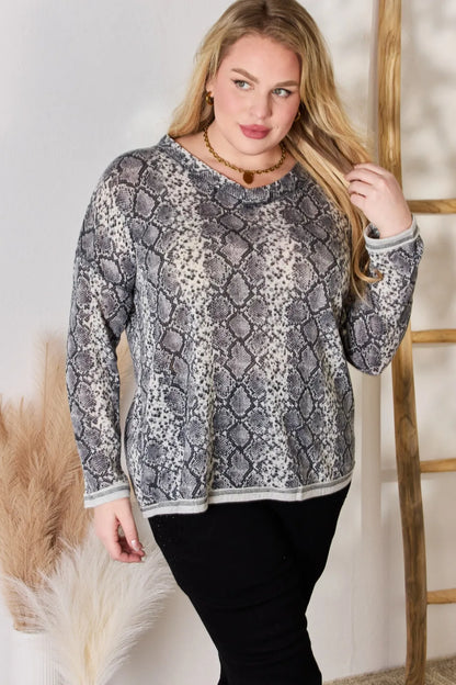 Trendsi Hailey & Co Full Size Snakeskin V-Neck Long Sleeve Top
