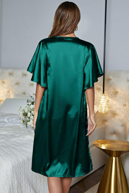 Satin Flutter Sleeve Side Slit V-Neck Night Dress Easy Apparels