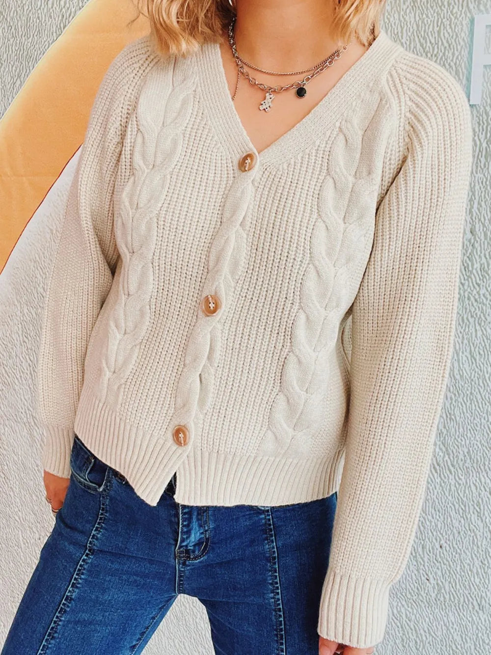 Cable-Knit V-Neck Button Down Long Sleeve Cardigan Easy Apparels