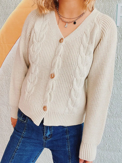 Cable-Knit V-Neck Button Down Long Sleeve Cardigan Easy Apparels