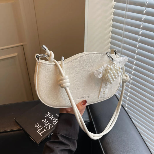 Leather Shoulder Bag with Pearl Detail Beige onesize Easy Apparels