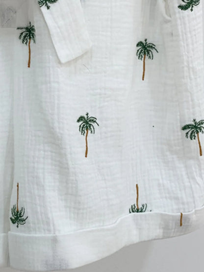 Palm Tree Print Short Sleeve Button-Up Romper with Belt Easy Apparels